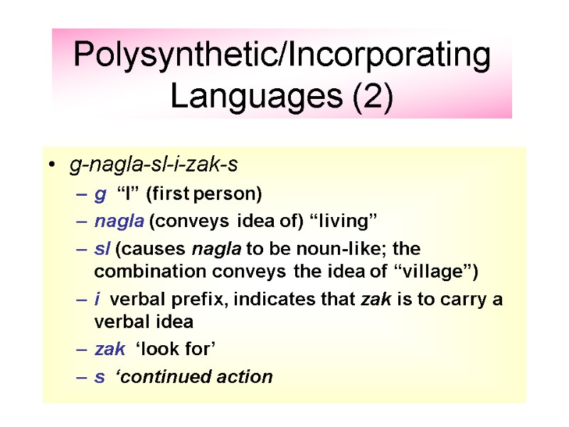 Polysynthetic/Incorporating  Languages (2) g-nagla-sl-i-zak-s g  “I” (first person) nagla (conveys idea of)